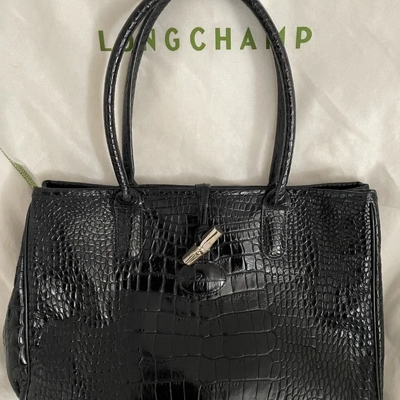 Longchamp Black Croc-Embossed Tote Bag - Picture 1 of 4